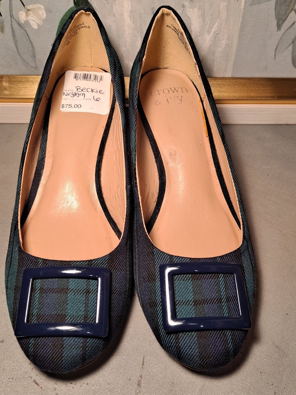 Crown & Ivy Beckie Fabric Navy Green Plaid Buckle Block Heel Preppy Comfort